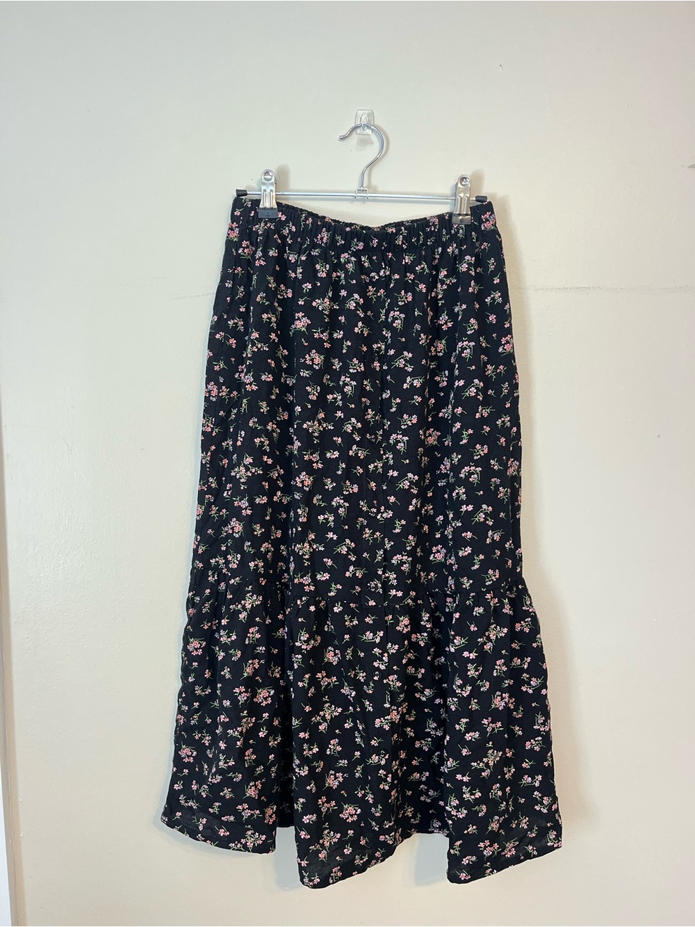 To Be Spoiled Black Midi Skirt with Pink Floral Print